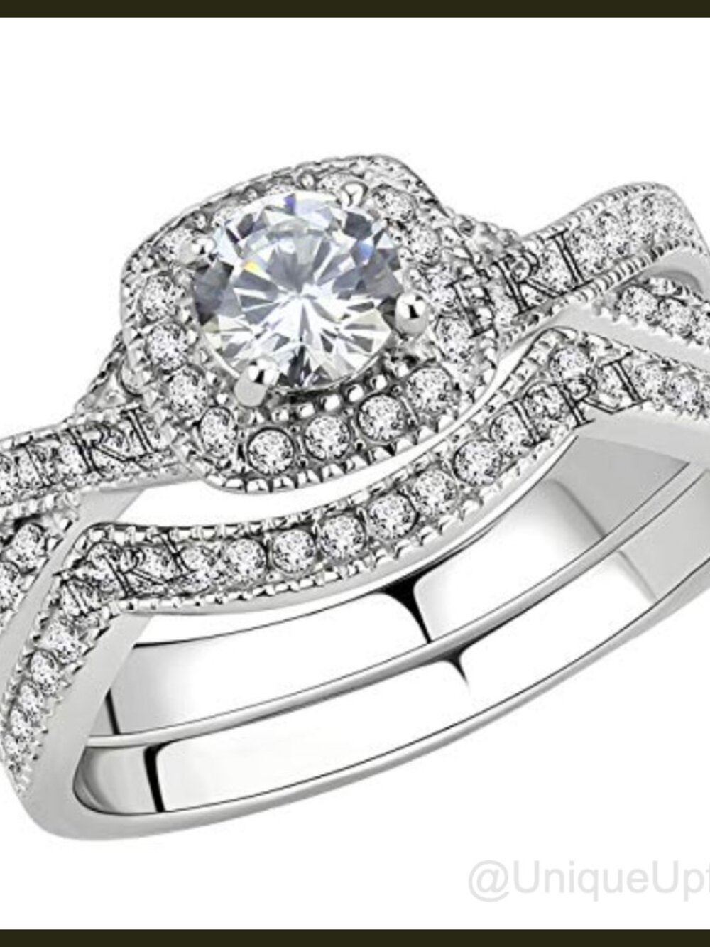 Womens Stainless Steel Ring Set Round CZ Halo Wedding Engagement Bridal